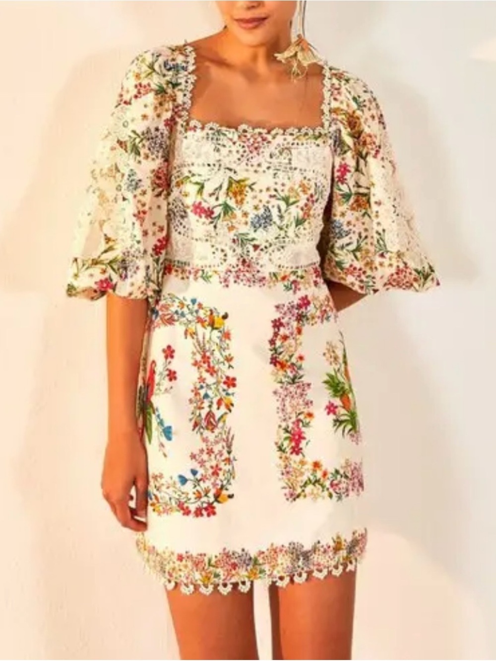 Farm Rio Delicate Forest Scarves Bonded Lace Linen-Blend Mini Dress Size Small